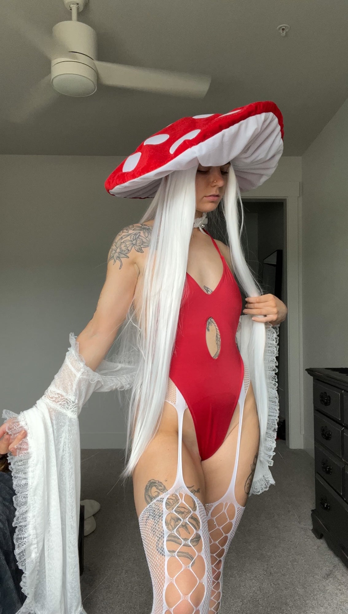 Red Cheeked Up Rave Bodysuit Styled Outfit