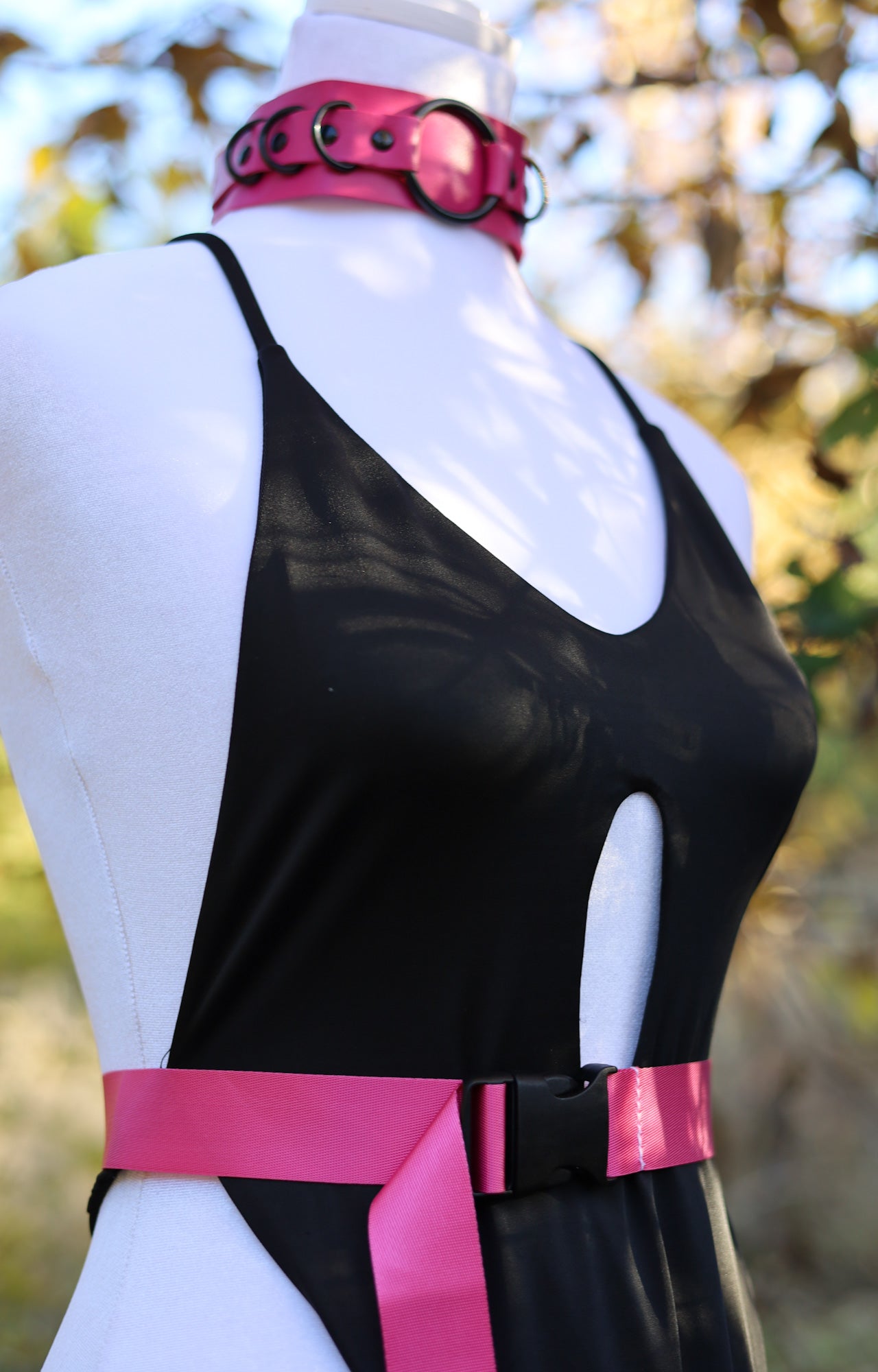 Hot Pink Leather Choker Necklace Styled 2
