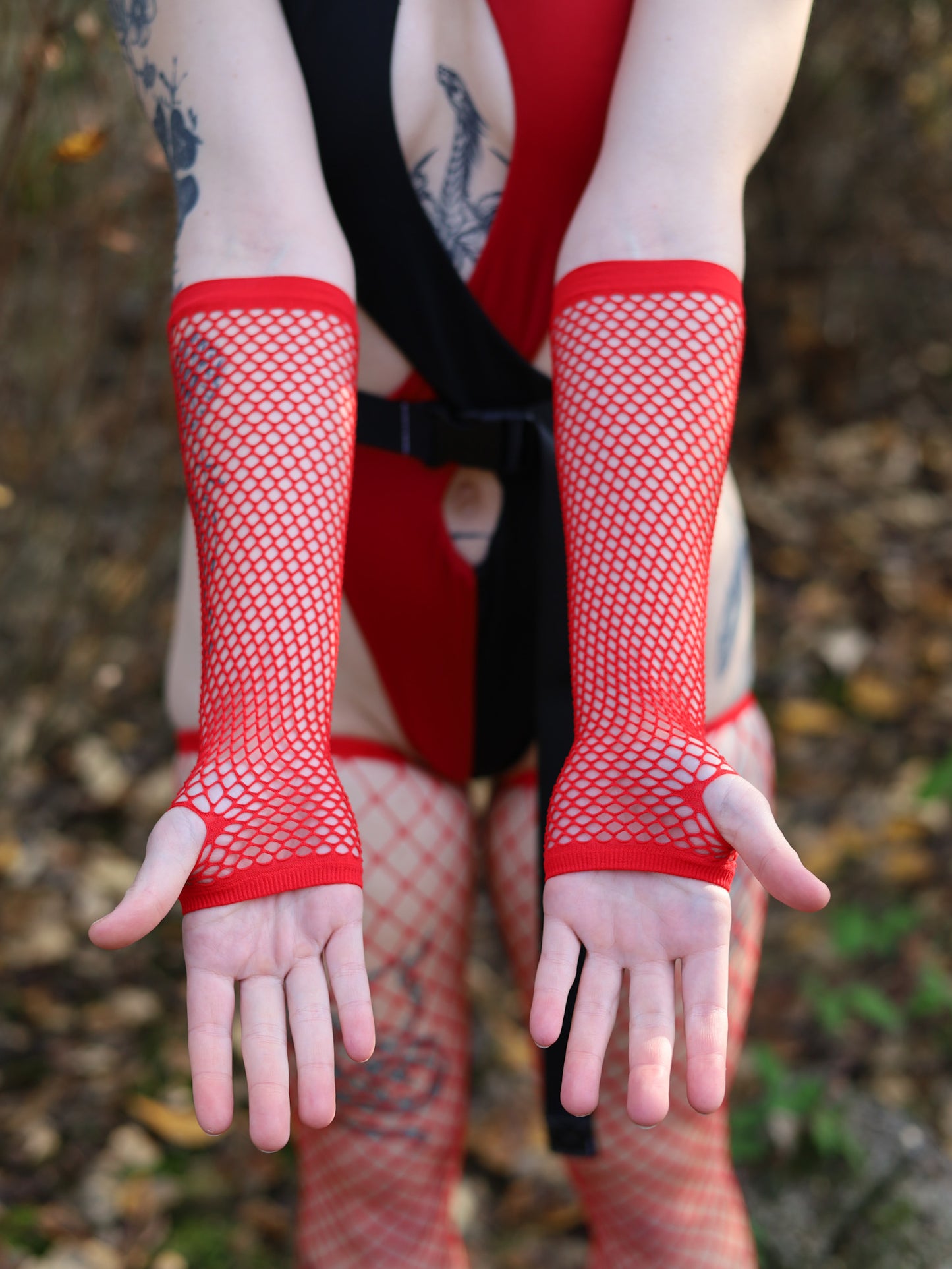 Red Fishnet Fingerless Gloves Back