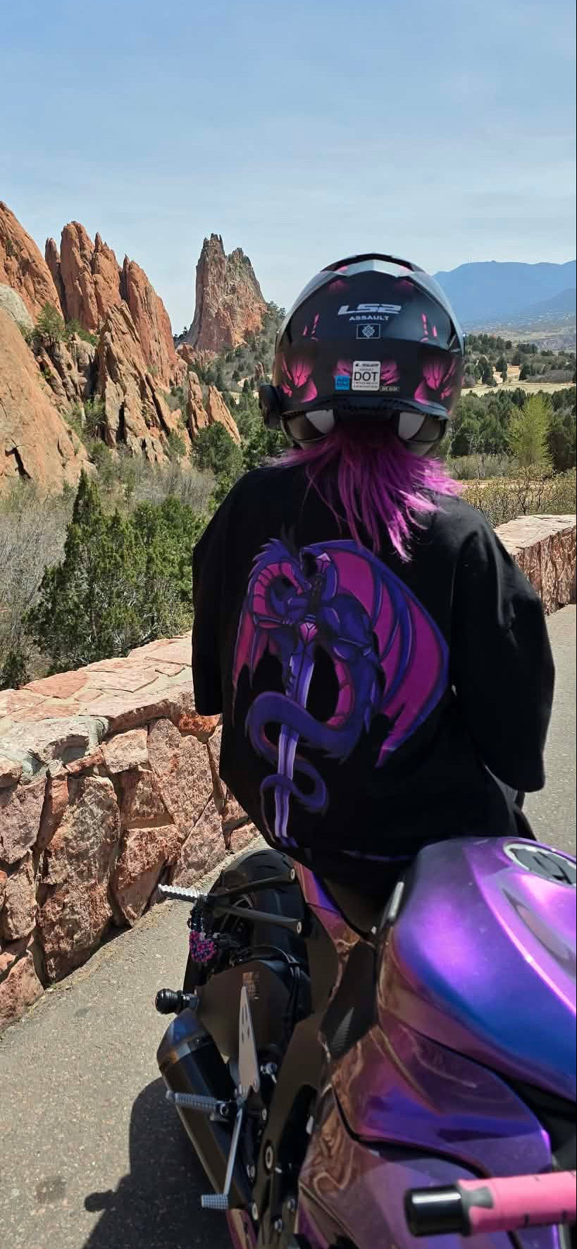 Person with purple hair and helmet sitting on a motorcycle with scenic rock formations in the background