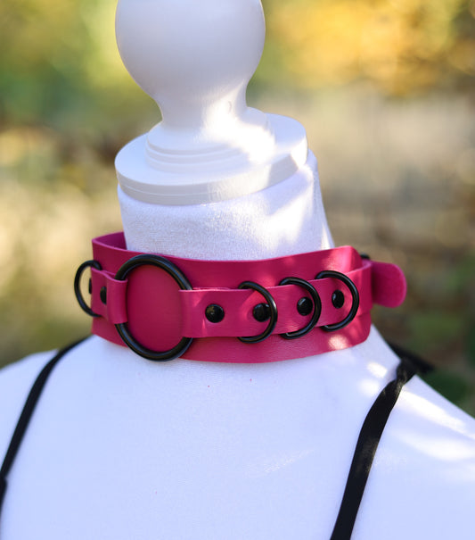 Hot Pink Leather Choker Necklace Front