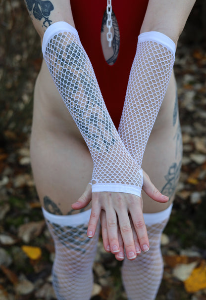 White Fishnet Fingerless Gloves Detail