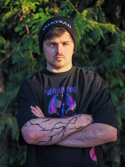 Black Shadow Beanie worn with the Dragon Tee as a fantasy streetwear outfit