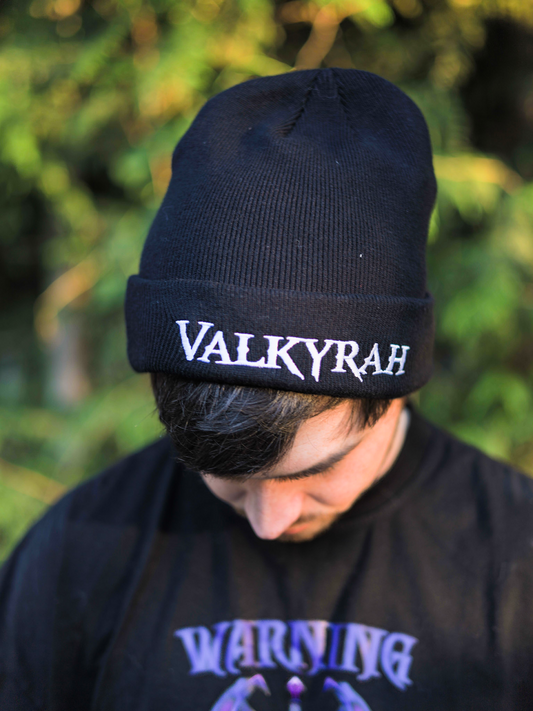 Close-up of the black Shadow Beanie with white embroidered Valkyrah logo